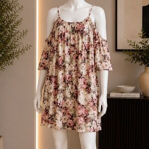 Obsession Womens Cold Shoulder Dress Floral Pink Cream Boho Mini Size M